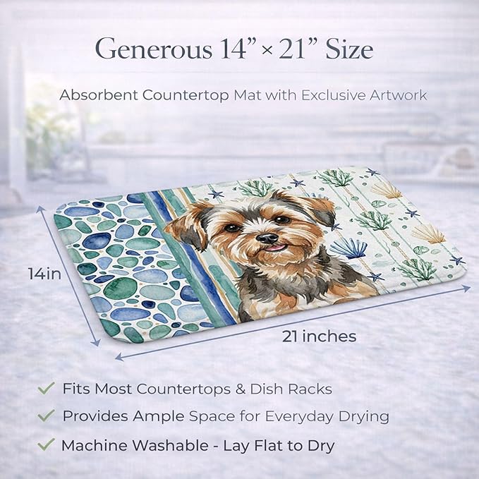 Caroline's Treasures Yorkiepoo Coastal Sea Glass Dish Drying Mat Absorbent Dish Drying Mat Pad for Kitchen Counter Dish Drainer Mat for Countertop 14 x 21 Multicolor
