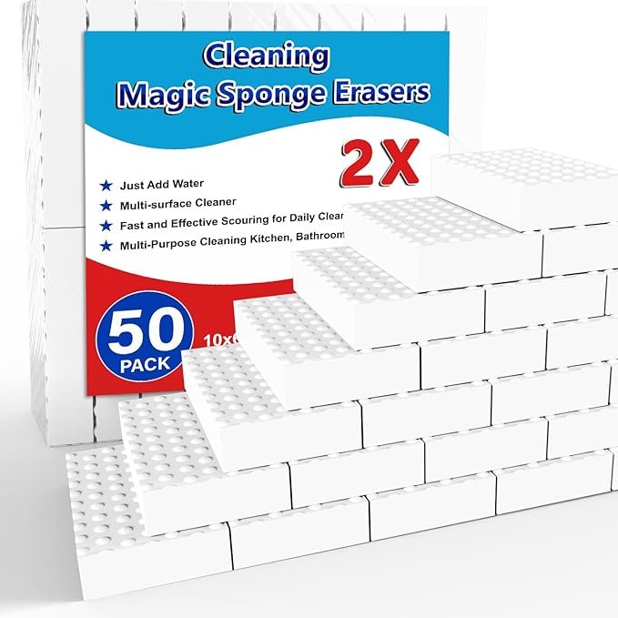 Magic Sponge Erasers 50 Pack 2X Density Stronger Melamine Sponge Foam Pads Multi-Functional Household Cleaning Supplies Cleaner for Kitchen Bathroom Bathtub Sink Wall Cleaner