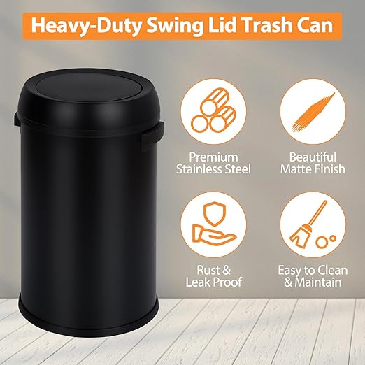 GarveeHome 17 gal/65 L Swing Top Trash Can Stainless Steel Rubbish Bin Commercial Grade Waste Container Round Garbage Can for Outdoor Home Office Restaurant Black