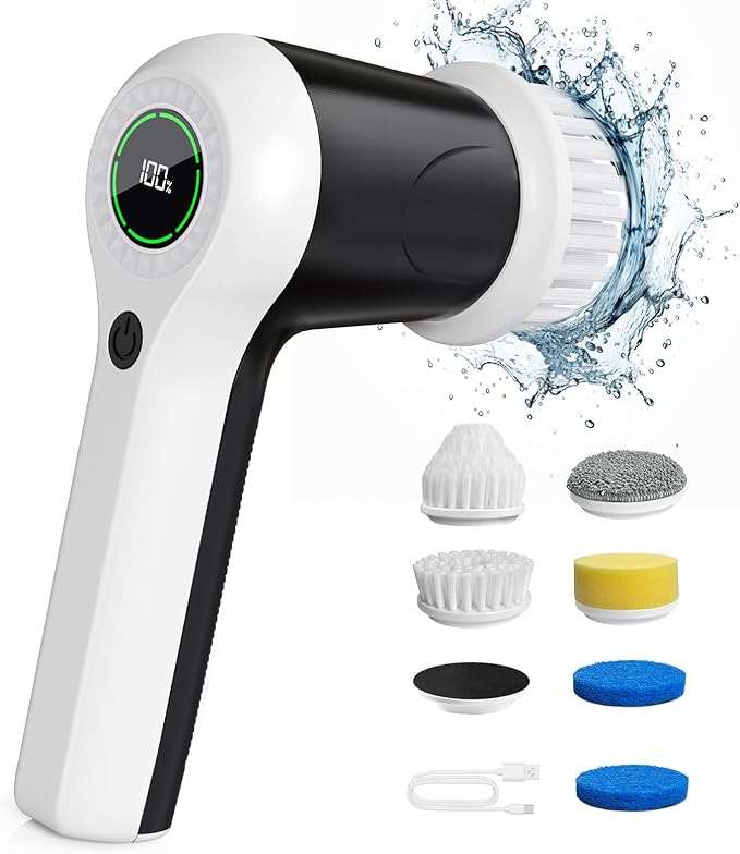 Electric Spin Scrubber Cordless Shower Scrubber with Battery Level Display 2 Speeds Electric Scrubber for Cleaning with 6 Replaceable Heads Cleaning Brush for Bathroom/Sink/Window