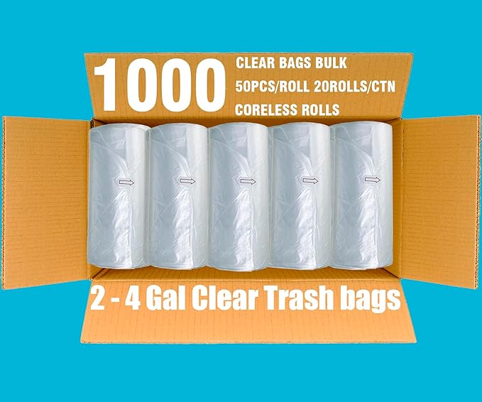2-4 Gallon Trash Bags 1000 Count Bulk Value Pack Clear Plastic Recycling Bags Small Multi-purpose Garbage Bags for Business Home Bathroom Kitchen Commercial and Industrial