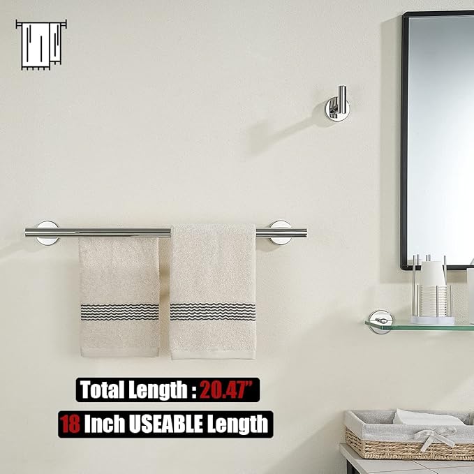 JQK Double Towel Bar Chrome 20.5 Inch 304 Stainless Steel Thicken 0.8mm Towel Rack Bathroom Towel Holder Polished Steel Wall Mount Useable Length 18 Inch 2 Pack TB100L18-CH-P2