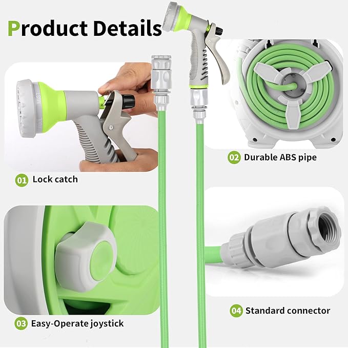Garden Retractable Hose Reel Portable Simple Home Hose Reel 45+5 FT with 7 Patterns Spray Nozzle Wall Mounted and Any Length Lock for Garden Watering Car Washing Pet (Green)