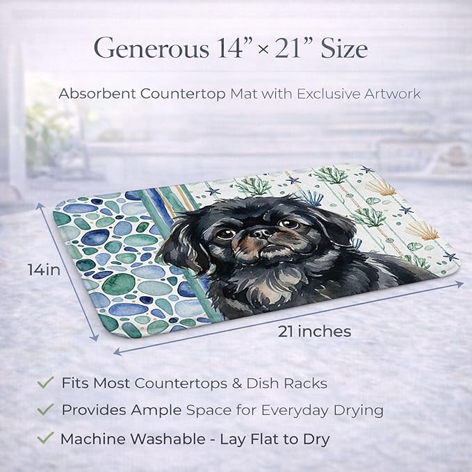 Caroline's Treasures Black Pekingese Coastal Sea Glass Dish Drying Mat Absorbent Dish Drying Mat Pad for Kitchen Counter Dish Drainer Mat for Countertop 14 x 21 Multicolor