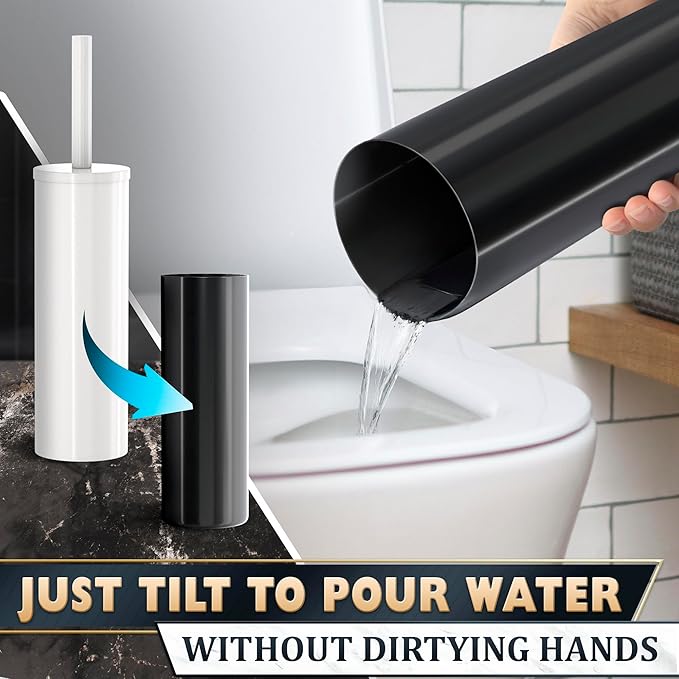 Stainless Steel Toilet Brush and Holder Set White - Long Handle Toilet Bowl Cleaner Brush and Holder - Removable Inner Liner Shiny Design Splash Protection &amp Dense Bristles for Bathroom Cleaning