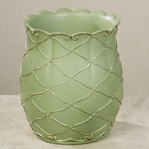 Touch of Class Angelitta Green Decorative Wastebasket | Handpainted Resin Trash Can with Gold Accents Diamond Lattice &amp Scroll Motifs | Elegant Classic Home Decor Accent | 9 Dia. x 10 H