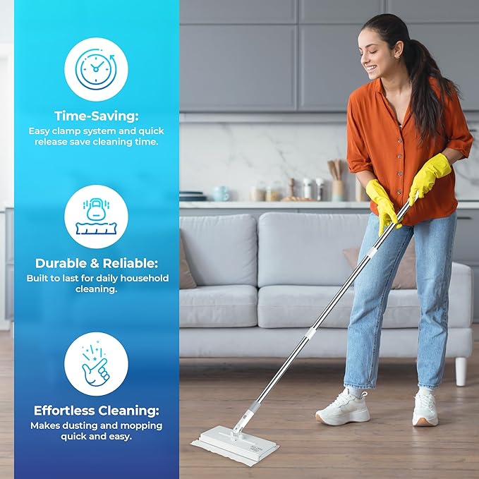 FlexiClamp Sweep &amp Mop Kit - Compatible with Swiffer Pads Durable Cleaning Tool for Hardwood Tile Marble &amp Laminate Floors Home Kitchen Cleaning Essentials. (Include 10 Dry Cloths)