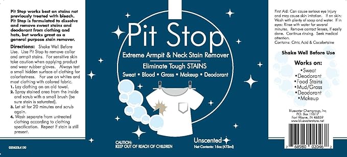 Sanco Industries Pit Stop Sweat Stain &amp Deodorant (Antiperspirant) Armpit Stain Remover Multi-stain formulation 16oz. (Pack of 2)