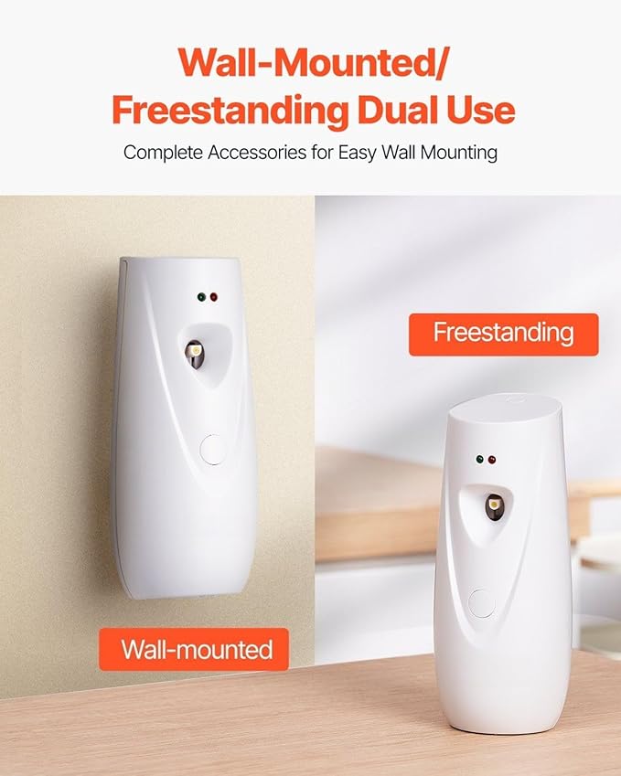 Automatic Air Freshener Spray Dispenser 2-Pack Wall Mount or Freestanding with Boost Button Battery Operated Adjustable Timer for Bathroom Home Office Hotel Commercial Spaces White