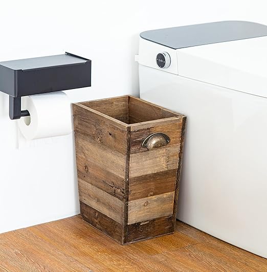 Small Wood Trash Can Farmhouse Rectangular Garbage Can Waste Basket Rustic Distressed Reclaimed Wood Wastebasket Vintage Wooden Trash Recycling Bin Storage Basket with Metal Handles (Natural)