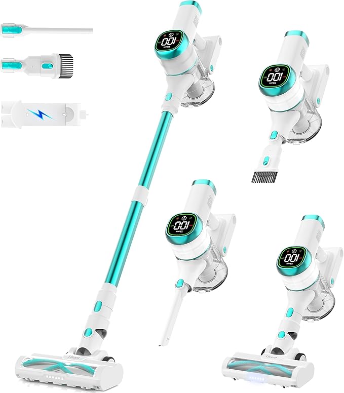 Tikom V500 Cordless Vacuum Cleaner for Home 40000Pa/450W Stick Vacuum with LED Touch Screen Charging Wall Dock Anti-Tangle Lightweight Handheld Vacuum for Pet Hair Hard Floor Carpet Blue