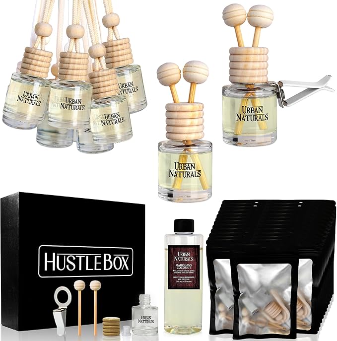 Mahogany Coconut Hanging Car Air Freshener and Essential Oil Diffusers with Vent Clips - 25-Pack Automobile Aromatherapy Diffuser Bottles - Kit Ideal for Resale Gifts &amp Party Favors