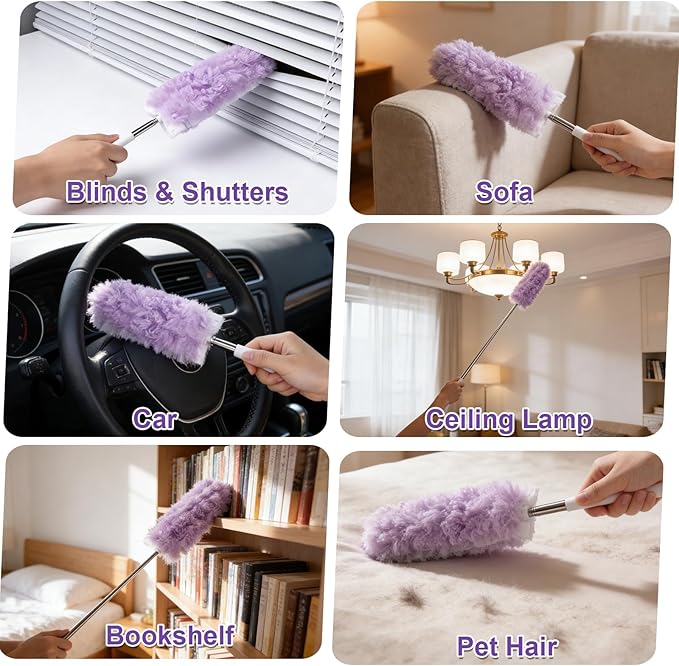 ITTAR 30 Count Duster Refill kit Duster for Cleaning with Extension Pole Microfiber Dust Remove Supplies Fan Feather Dusters for Cleaning Ceiling Fan Blinds Furniture Vent &amp Shelves-Purple