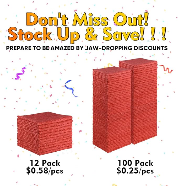 HOMEXCEL Red Shop Towels 100 Pack Reusable Microfiber Cleaning Cloth Bulk Multipurpose Microfiber Towels for Cars House and Kitchen Highly Absorbent Cleaning Rags 11.5 x 11.5 inch
