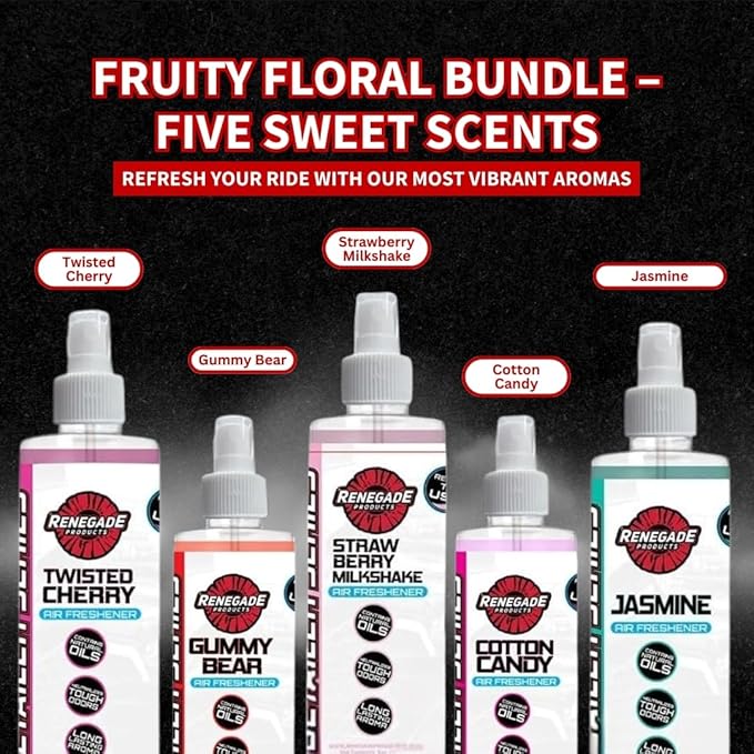 Renegade Products Fruit &amp Floral Air Freshener Bundle – 5-Pack Spray Set for Cars Trucks &amp Home – Includes Jasmine Strawberry Twisted Cherry Cotton Candy &amp Gummy Bear