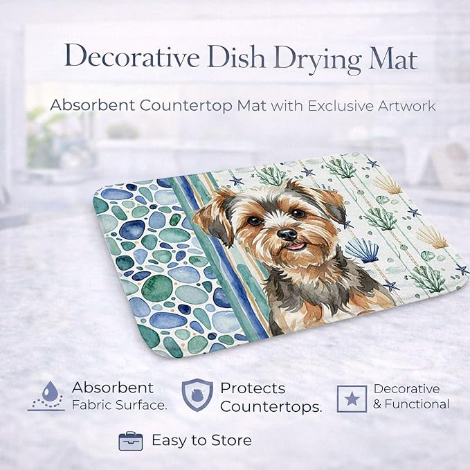 Caroline's Treasures Yorkiepoo Coastal Sea Glass Dish Drying Mat Absorbent Dish Drying Mat Pad for Kitchen Counter Dish Drainer Mat for Countertop 14 x 21 Multicolor