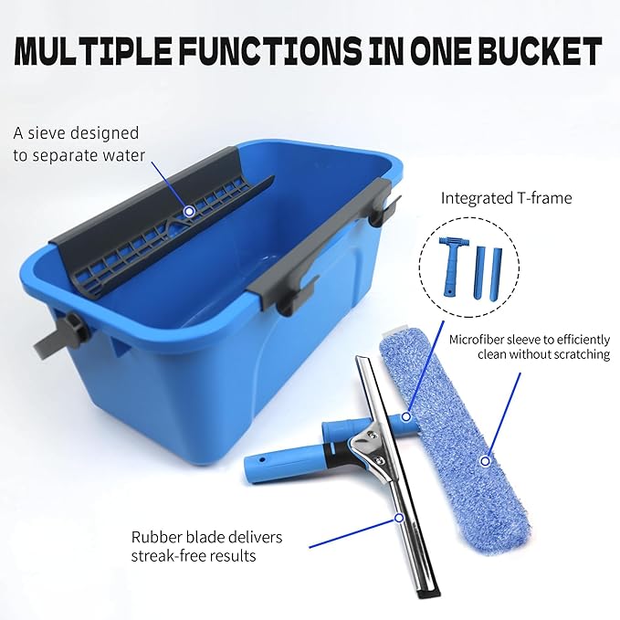 Squeegee with Shelf Storage for Window CleaningWindow Cleaning Squeegee kit with Bucket&ampMicrofiber ScrubberBathroomShower DoorsMirrorsTilesand Car Windows Blue