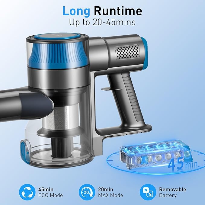 250W 25KPa Suction Cordless Vacuum Cleaner 6-in-1 Lightweight Stick Vacuum with LED Display &amp Detachable Battery 45 Mins Runtime for Hard Floor Carpet Pet Hair Car Cleaning