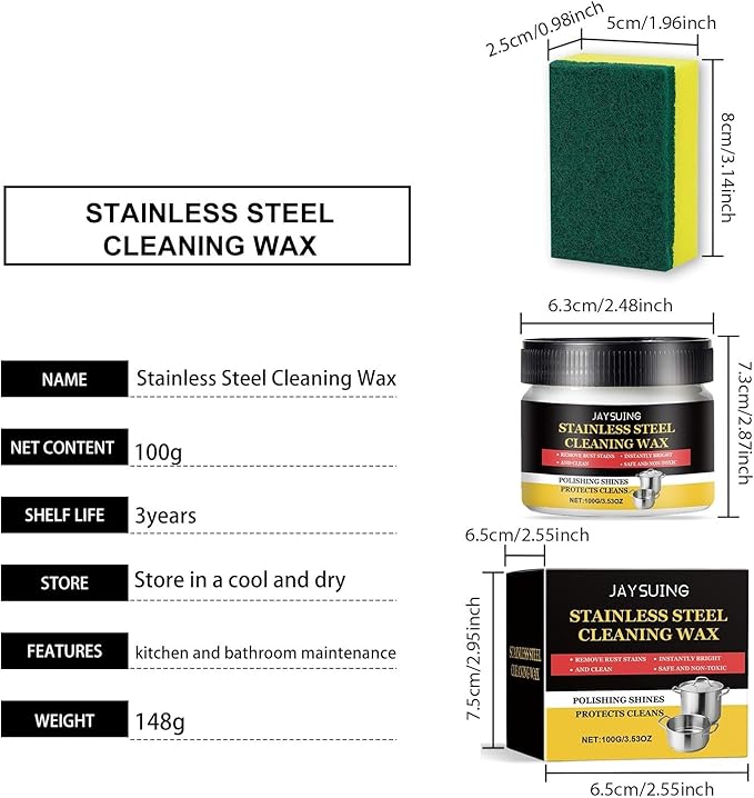 Stainless Steel Cleaner Paste - Removes Grease Water Stains &amp Rust Polishes Kitchen &amp Bathroom Surfaces(2PCS)