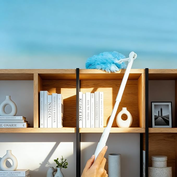 60-Pack Dusting Mop Refill Set Disposable Power Dusting Duster Compatible with Swiffer. Includes 1 Handle and 3-Foot Extension Pole Ideal for Cleaning Furniture Bookshelves and Ceiling Fans.