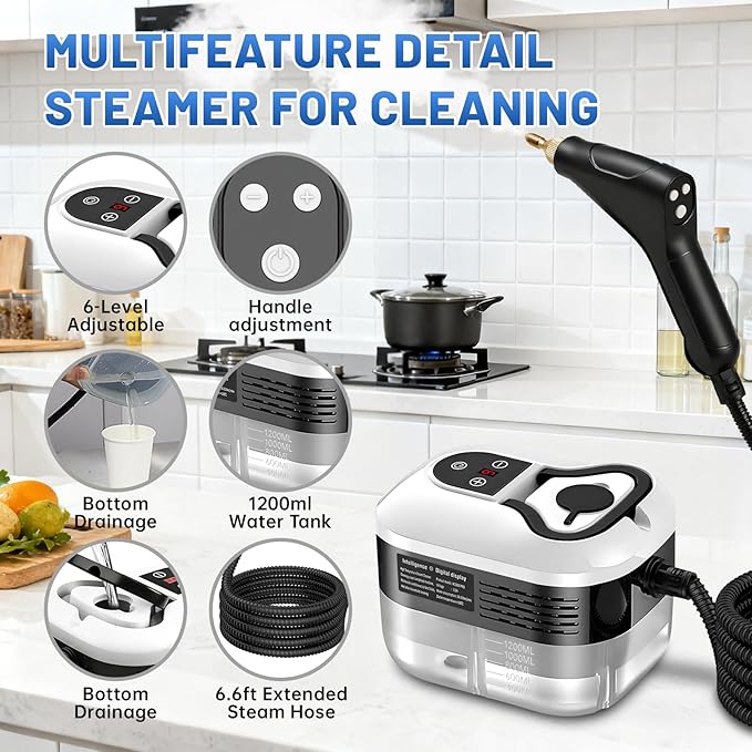 Pressurized Handheld Steam Cleaner Portable Steamer for Cleaning with 1.2L Large Tank 15s Fast Heat-Up 6-Level Adjustable Powerful Steam Cleaner for Home Car Kitchen Tile Grout(White)