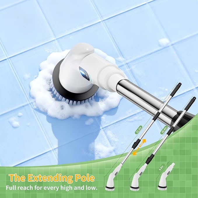 Electric Spin Scrubber - Household Cleaning Brush with 8 Heads 51.2in Extendable Pole Bathroom Scrubber for Stubborn Grease on Grill Stovetop &amp Bathtub 90Min Runtime - Type B
