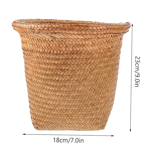 Healifty Hand Woven Straw Wastebasket Medium Rustproof Household Waste Can for Living Bedroom Office Open Top Rubbish Container with Stable Frame and Smooth Edges Random Color
