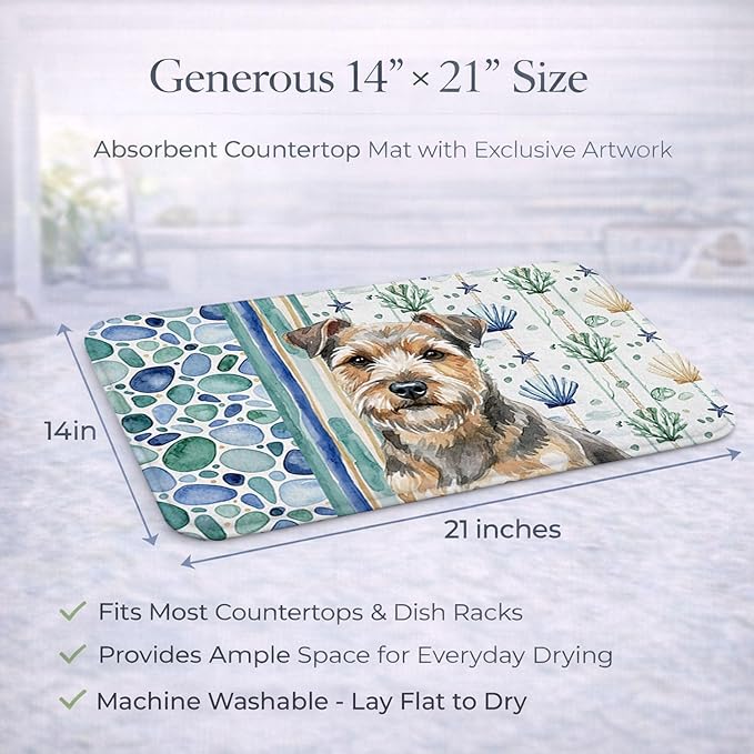 Caroline's Treasures Grizzle and Tan Norfolk Terrier Coastal Sea Glass Dish Drying Mat Absorbent Dish Drying Mat Pad for Kitchen Counter Dish Drainer Mat for Countertop 14 x 21 Multicolor