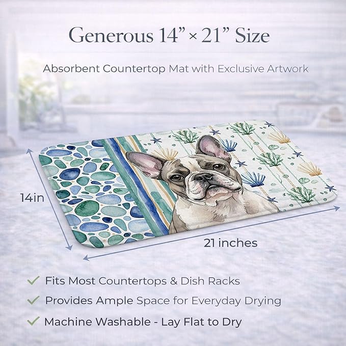 Caroline's Treasures Pied French Bulldog Coastal Sea Glass Dish Drying Mat Absorbent Dish Drying Mat Pad for Kitchen Counter Dish Drainer Mat for Countertop 14 x 21 Multicolor