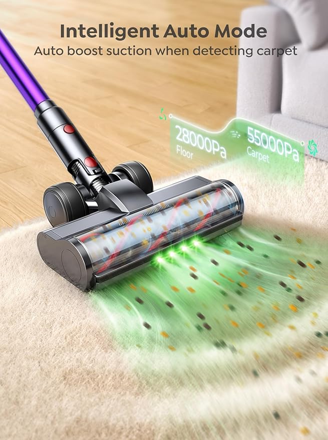 Cordless Vacuum Cleaner 650W 55KPA 70 Mins Vacuum Cleaners for Home Anti-Tangle Stick Vacuum with Touch Screen Wall Mount Charging Upgraded Vacuum Cordless for Pet Hair/Carpet/Floors