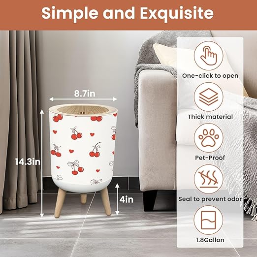 Bathroom Trash Can with Lid Draw Seamless red Cherry Bow Retro Valentine Day Fabric Print Doodle Garbage Bin Waste Basket for Kitchen Office Bedroom Decoration Diaper Pail 1.8 Gallon