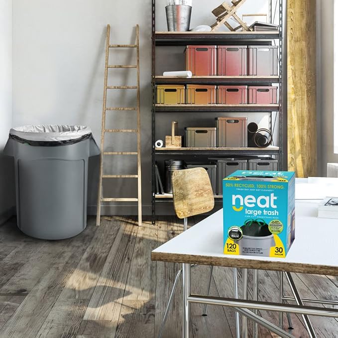Neat Tall Kitchen 30 Gallon Drawstring Trash Bags - (MEGA 120 COUNT) - Triple Ply Fortified Eco-Friendly 50% Recycled Material Neutralize+ Odor Technology Reversible Black and White Garbage Bags