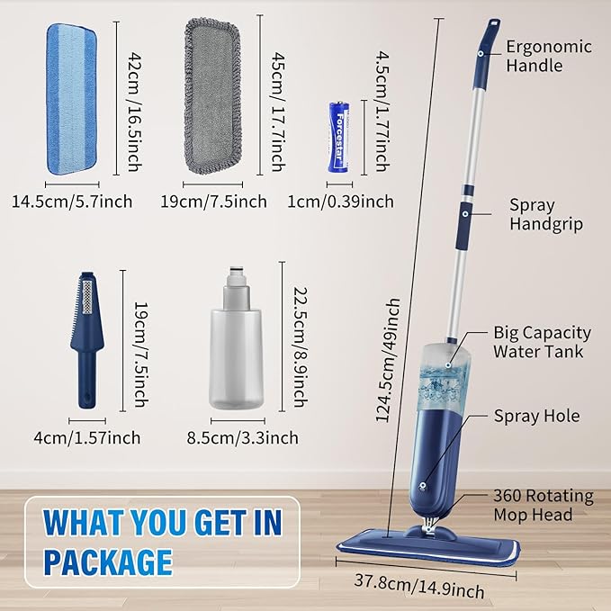 Power Mop for Floor Cleaning with 2 Washable Pads - Wet Dry Microfiber Mop with 720 ml Refillable Bottle for Kitchen Wood Floor Hardwood Laminate Ceramic Tiles Floors Dust Cleaning