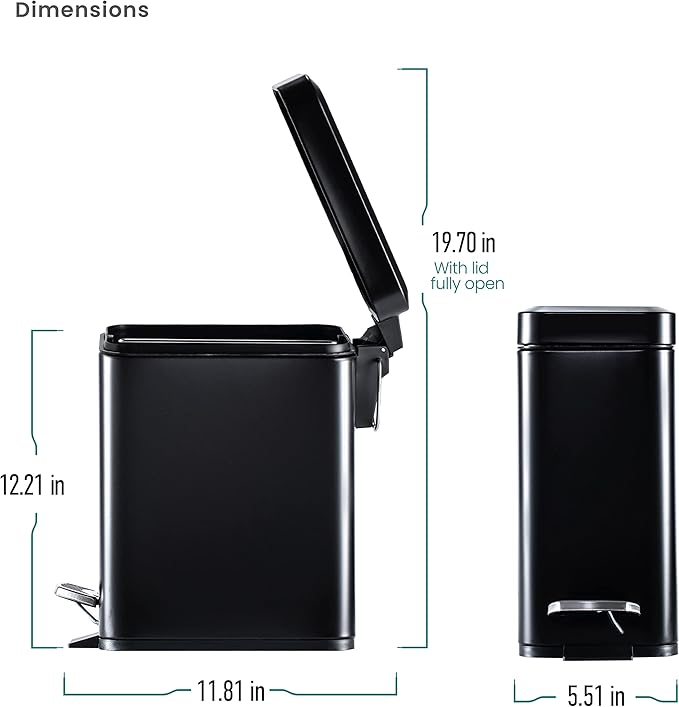 Home Zone Living 1.3 Gallon Small Bathroom Trash Can with Lid and Step Pedal Stainless Steel Wastebasket with Slim Design for Home and Office Matte Black 5 Liters