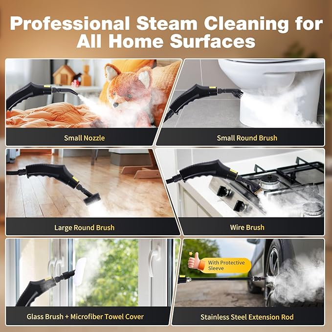 Handheld Steam Cleaner for Home 6-Level Adjustable 15s Heat-Up One Touch Flush Mode 3.5 Bar High Pressure Auto Shut-Off 1500W Portable Steamer for Carpets Floor Car Furniture Couch Tile