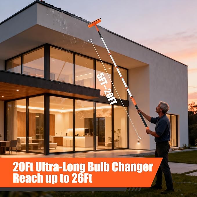 26FT Light Bulb Changer for High Ceilings with 5-20FT Heavy Duty Extension PoleHigh Ceiling Fan Duster Extendable Reusable CobwebFeatherWindow Cleaning Squeegee Kit for Home &amp HouseInterior Ro