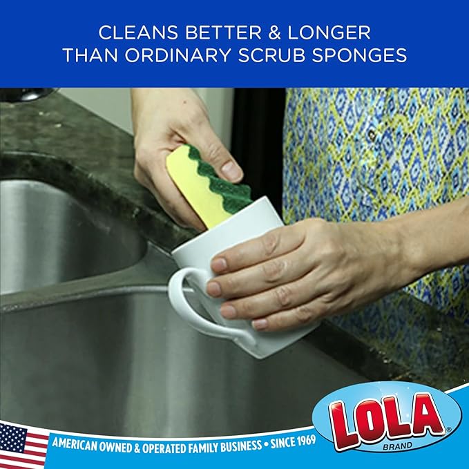 LOLA Heavy Duty Scrub Sponges 12 Pack Made in USA Superior Sponge Lasts up to 4X Longer Reusable Long Lasting Next Generation Cleaning