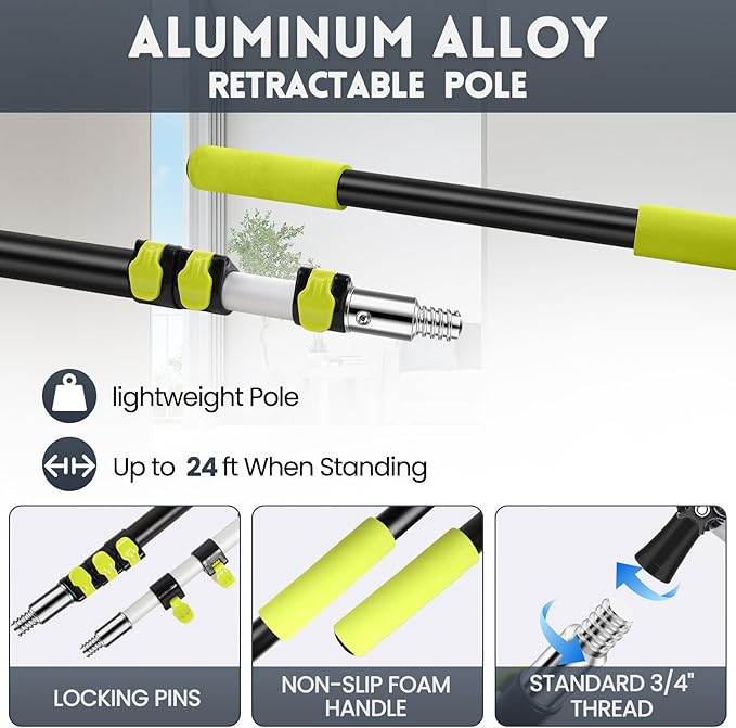 【Upgrade Anti Rotation 】 30FT High Reach Duster Kit(18FT+6FT) Lightweight Aluminum Alloy Extension Rod7-Piece Set210° Steering Head Clean Various Anglefor Cleaning CeilingHigh Wall