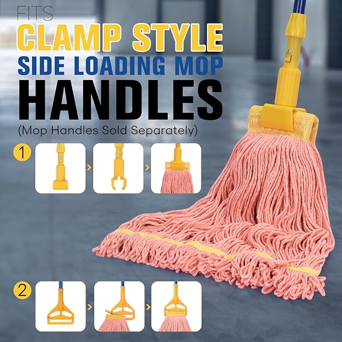 Matthew Cleaning Commercial Mop Head Replacement 5 Inch Wide Headband Looped End Cotton Blend String Wet Mops for Floor Cleaning 24 oz Large 6-Pack Orange