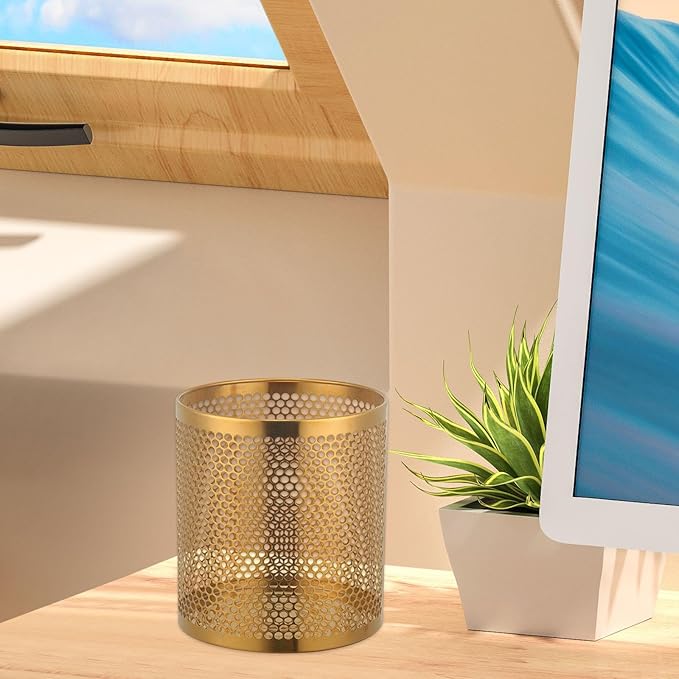 Stainless Steel Trash Can Garbage Bin Mesh Wastebasket Rubbish Bin for Bathroom Kitchen Gold