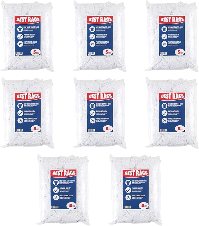 Arkwright W43 Cotton Tshirt Rags - 5 lb Bag - (Pack of 8) Soft Lint Free Cloths for Cleaning Streak &amp Scratch-Free Professional Grade Bulk Wiping Towels for Polishing Painting and Staining Wh