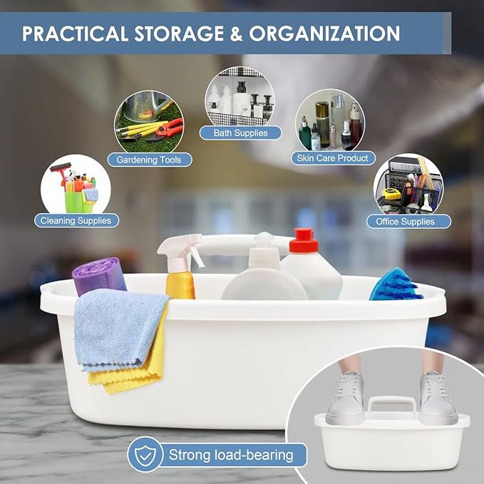 2 Pack Cleaning Supply Caddy with Handle Portable Shower Caddy Organizer Plastic Basket with Handle Stackable Tool Storage for Bathroom Garden Kitchen Home Organization White