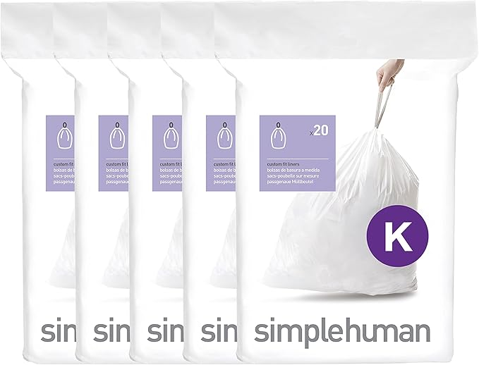 simplehuman Code K 100 Count Dispenser Pack Custom Fit Liners Drawstring Trash Bags 35-45 Liter / 9-12 Gallon White