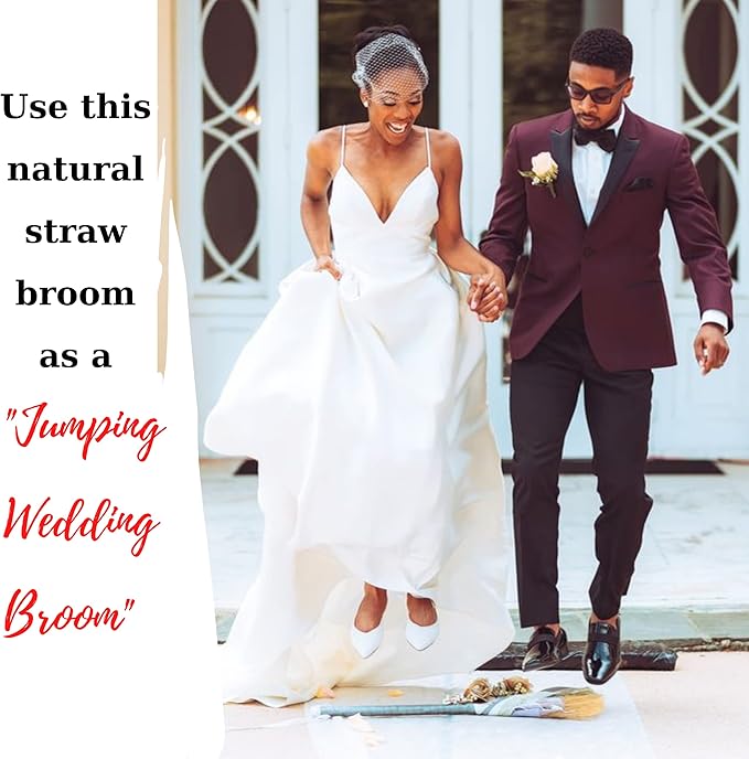 Natural Whisk Sweeping Black Handle Broom - Brooms for Wedding Jumping Ceremony Halloween DIY Decoration - Vietnamese Straw Soft Broom 12.2 Width 28.35 Length