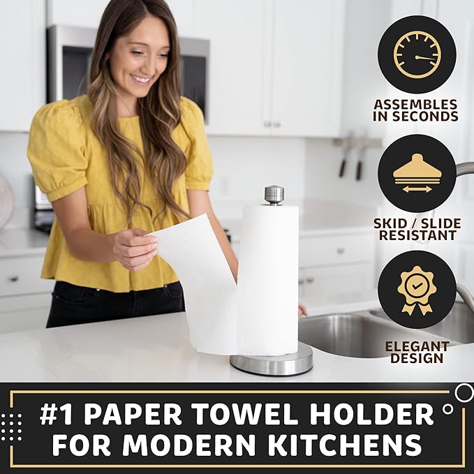 Heavy-Duty Stainless Steel Paper Towel Holder - Easy One-Handed Tear with Suction Cups - Modern Weighted Standing Countertop Dispenser for Kitchen - Holds All Paper Towel Rolls Silver
