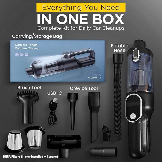 Car Vacuum Portable Cordless 4-in-1 Mini Car Vacuum with 19500pa Suction &amp Air Duster USB-C Charging Smart Digital Display Handheld Vacuum with LED Light Multi Nozzles for Car Home Office
