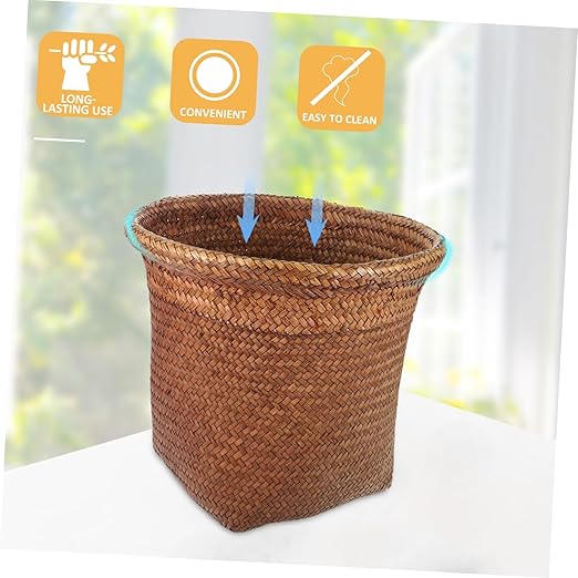VALICLUD 1Pc Straw Woven Wastebasket Rustic Trash Can for Paper Rubbish Decorative Storage Bin for Bathroom Bedroom Office Hand Woven Design