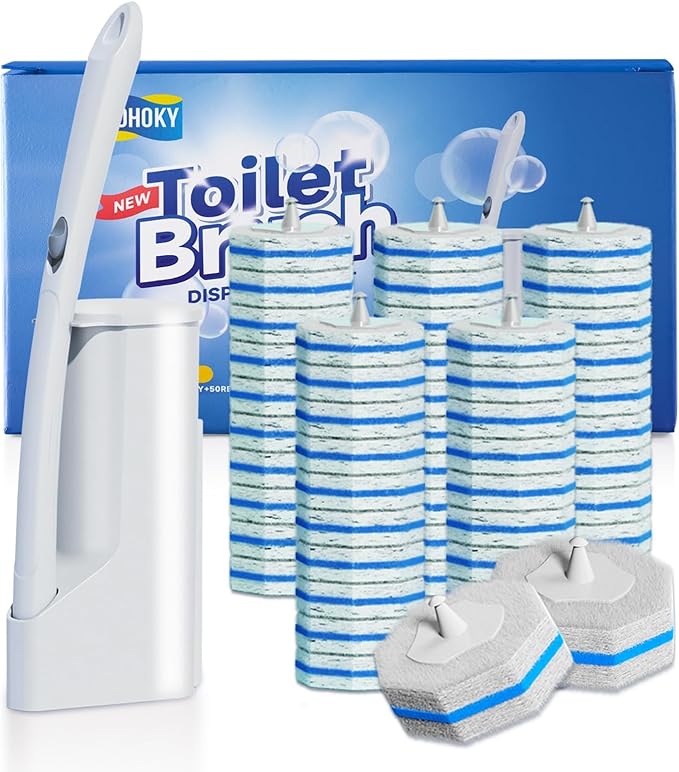 Disposable Toilet Brush Cleaning System with 50pcs Refills Pads Replacement Heads Toilet Cleaning Stick Wall Mounted Toliet Wand Kit Bathroom Maintenance Toilet Bowl Cleaner Wands Holder and Set