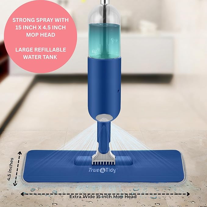 True &amp Tidy® Multi-Surface Spray Mop with Refillable Water Bottle Use Any Cleaning Solution Easy to Fill and Refill with Machine Washable Mop Pad (Navy)