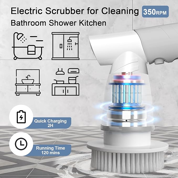 Electric Spin Scrubber Bathroom Shower Electric Scrubber for Cleaning Tub/Tile/Floor/Sink/Window Power Cleaning Brush Rechargeable Cordless with 4 Replaceable Cleaner Brush Heads